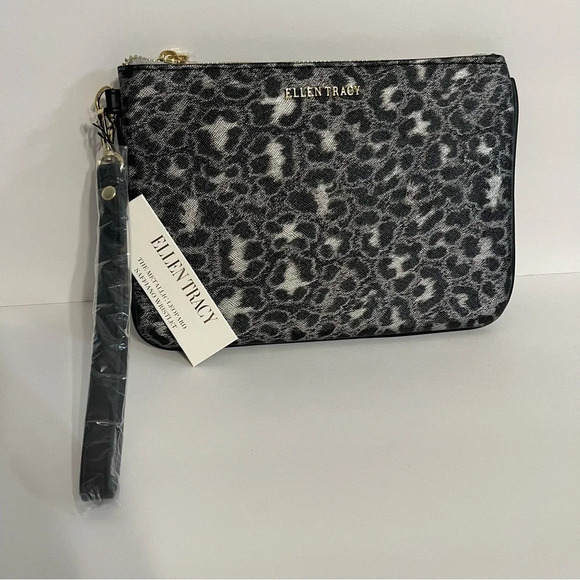 Ellen Tracy The Metallic Leopard Saffiano Wristlet Black And Gray Wallet Clutch - Picture 1 of 8